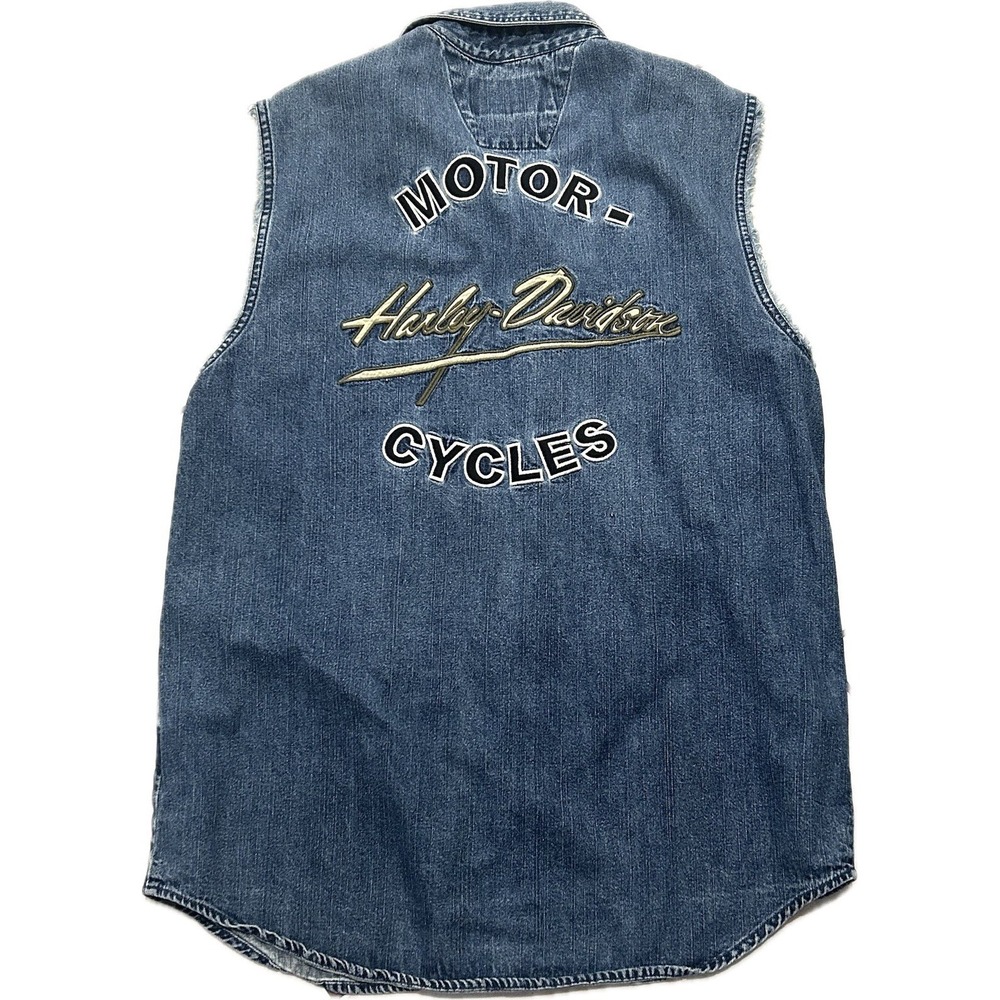 Harley Davidson Denim Embroidered Sleeveless Denim Button Up. Medium